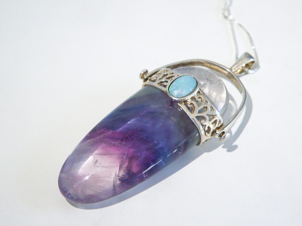 Vintage 925 Sterling Silver Chakra Fluorite Opal Pendant Necklace