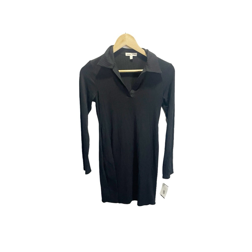 Moa Moa Collared Shirt Dress Size S Black Knit Shift Fitted Long Sleeved NEW