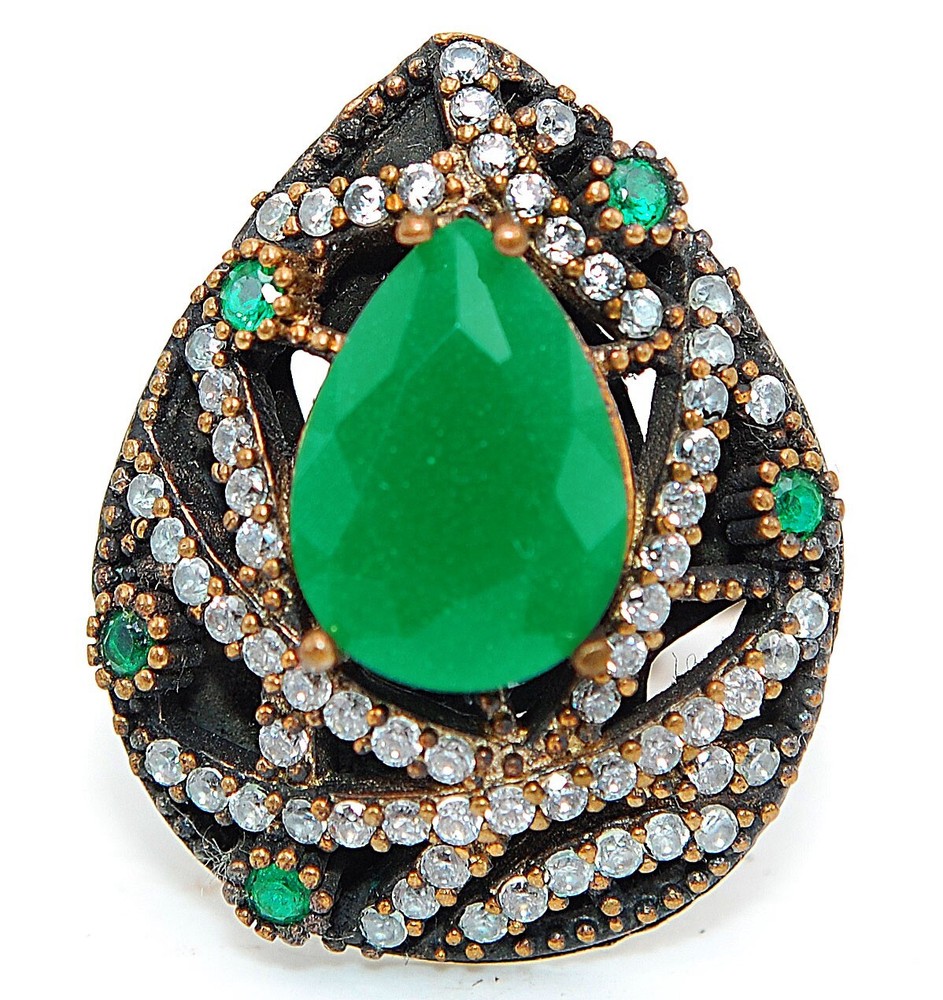 Exquisite 4CT Treated Emerald Ottoman Style Sterling Silver Ring Size 7.5 HB3-6