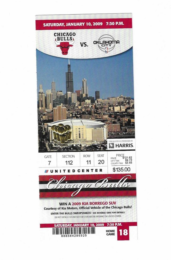 Chicago Bulls vs Oklahoma City Thunder Unused Basketball Ticket from 1/10/2009