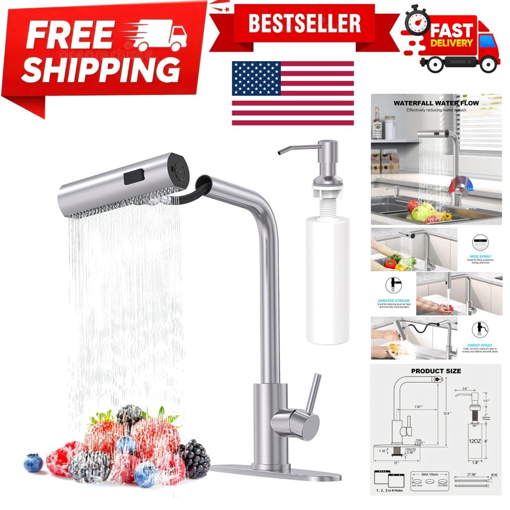 Touch On Brushed Nickel Kitchen Faucet with Waterfall Design & Pull Down Sprayer