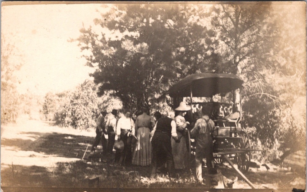 Vintage RPPC Postcard Group of People Gathered Outdoors Around Carriage    23163