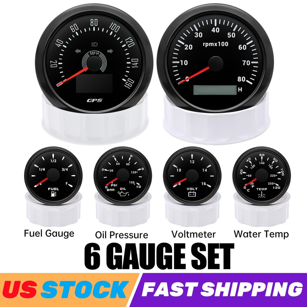 85mm 6 Gauge Set with GPS Speedometer 160MPH Tachometer 8000RPM Fuel Oil Temp Volt Meters