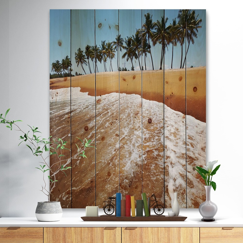 Designart 'Beautiful Beach With Row Of Palms' Nautical & Coastal Wood Wall Art