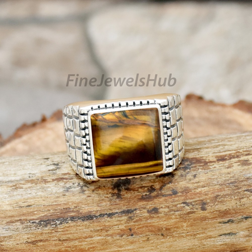 Sterling Silver Tiger Eye Men's Handmade Statement Ring