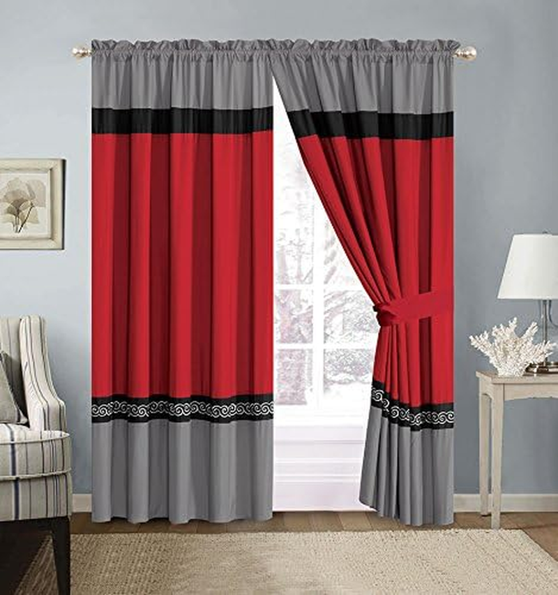 4 Piece Red/Grey/Black/White Scroll Embroidery Microfiber Curtain Set 120 Inch W