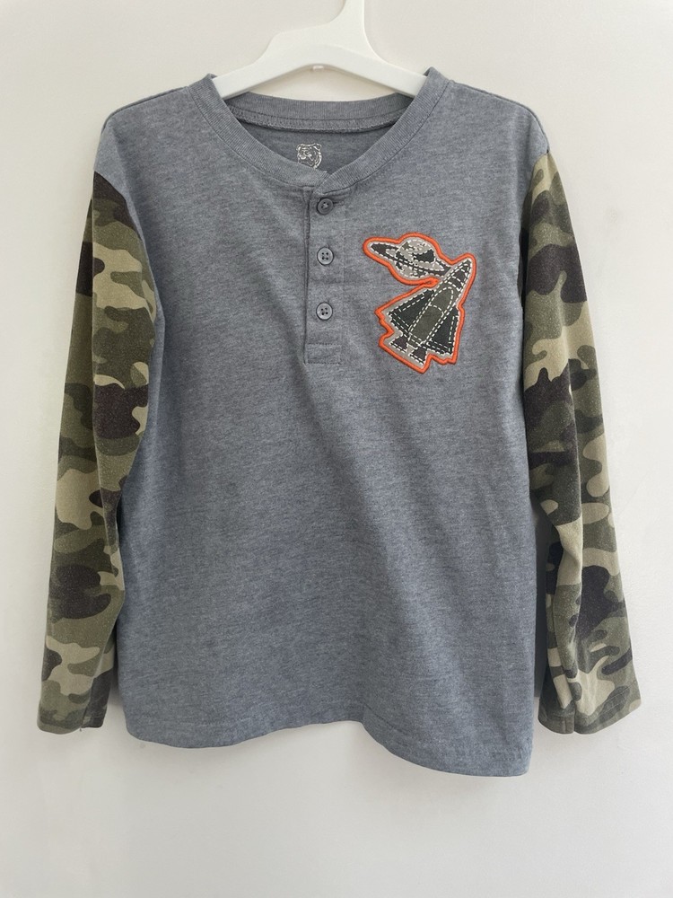 Garanimals Kids Boys Rocket Applique Cotton Henley Camo Long Sleeve Shirt Gray 7