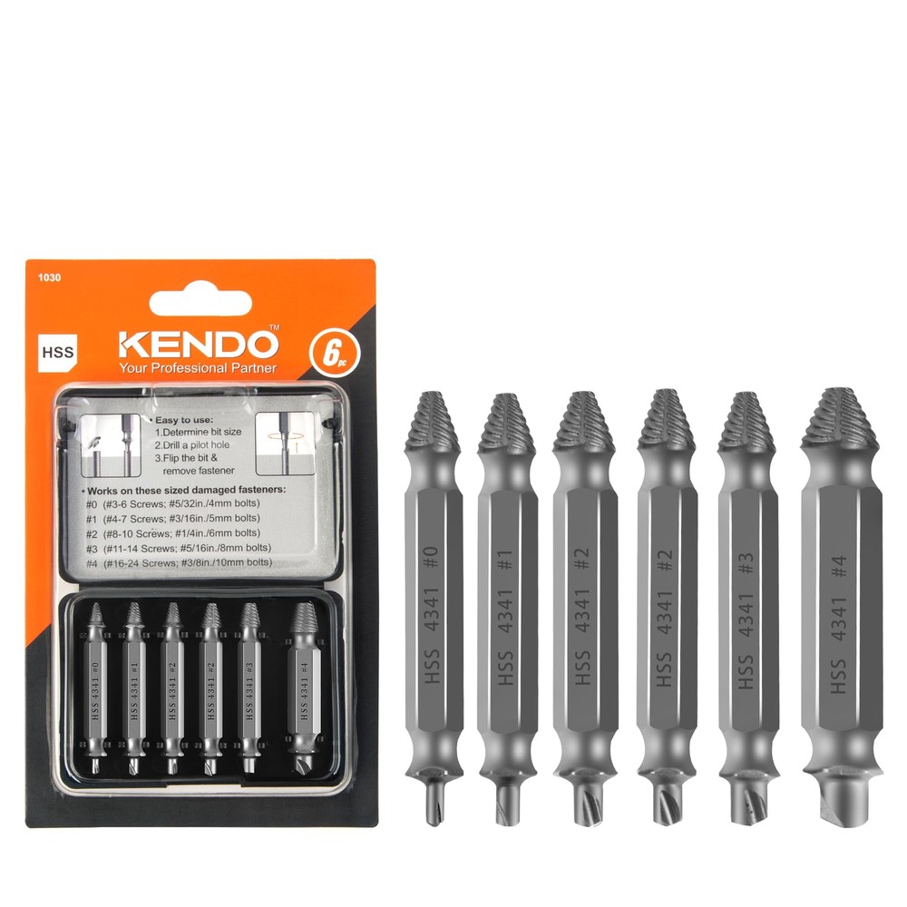KENDO 6PC HSS Damaged Screw Extractor Set for Stripped Screws and Nuts Removal