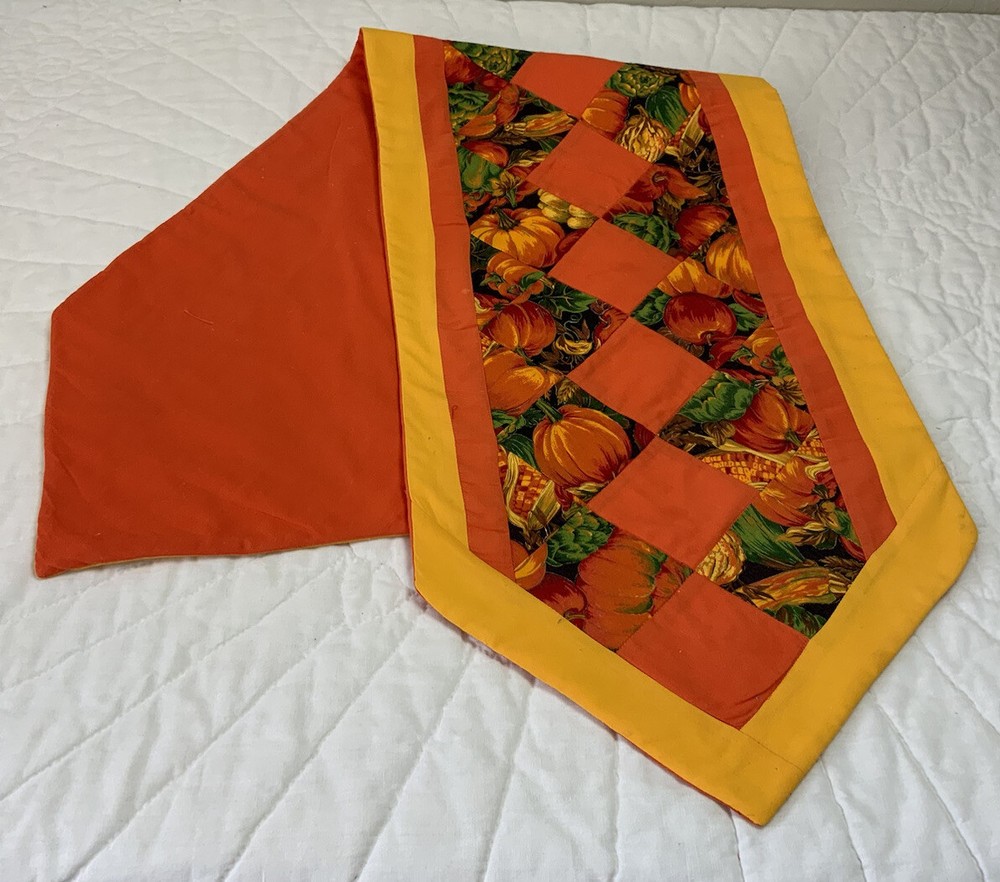 Patchwork Quilt Table Runner, Hand Made, Four Patch, Orange, Green, Pumpkins