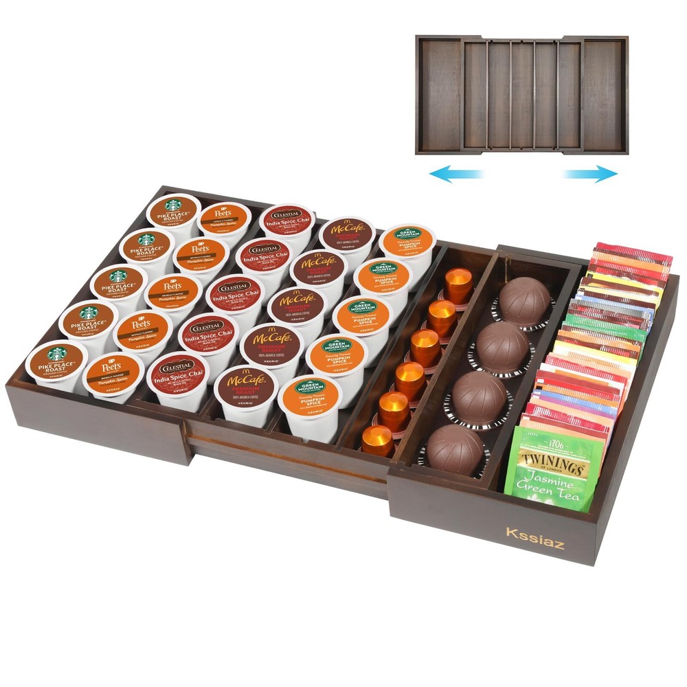 Bamboo K-Cup Coffee Pod Holder Drawer for Nespresso Compatibility