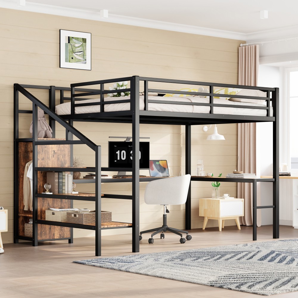 Queen Size Loft Bed with L-shaped Desk and USB, Metal Loft Bed with Wardrobe