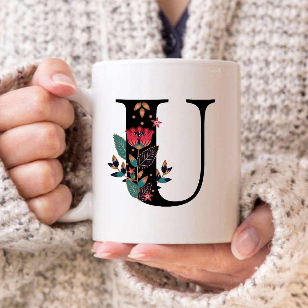 Monogrammed U Floral Folk Art Coffee Mug for Christmas Gifts