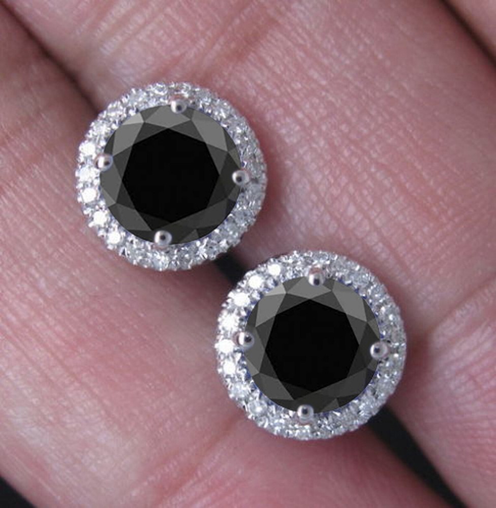 925 Sterling Silver 3.70Ct Round Shape 100% Natural Black Diamond Women's Studs