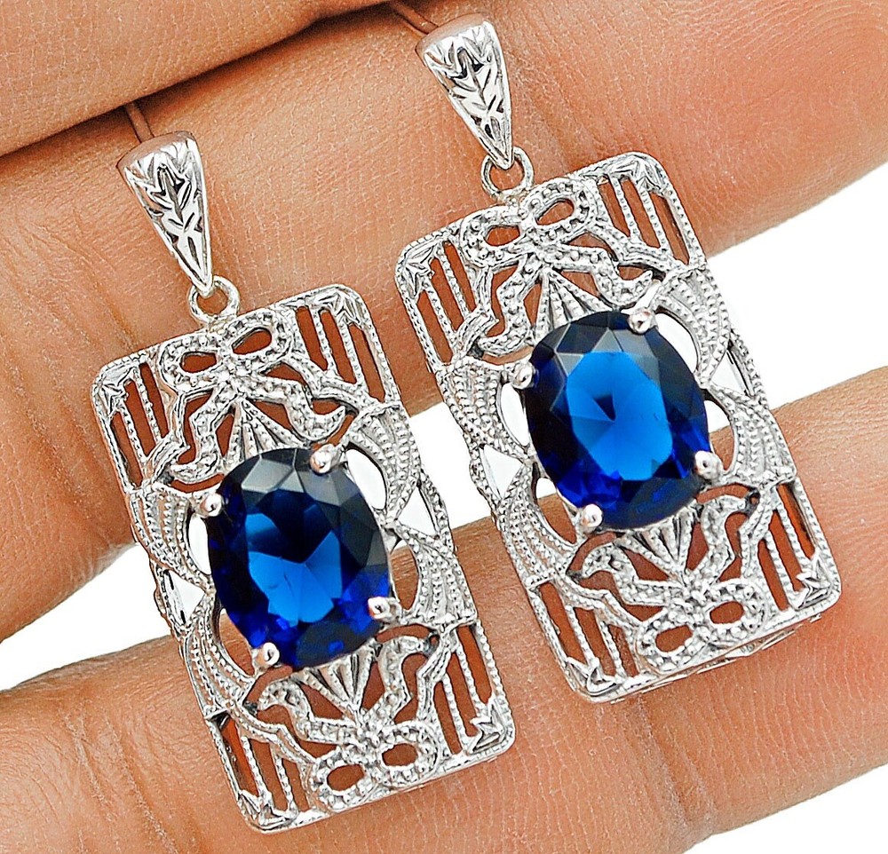 6CT Treated Sapphire 925 Sterling Silver Victorian Style Earrings UM269