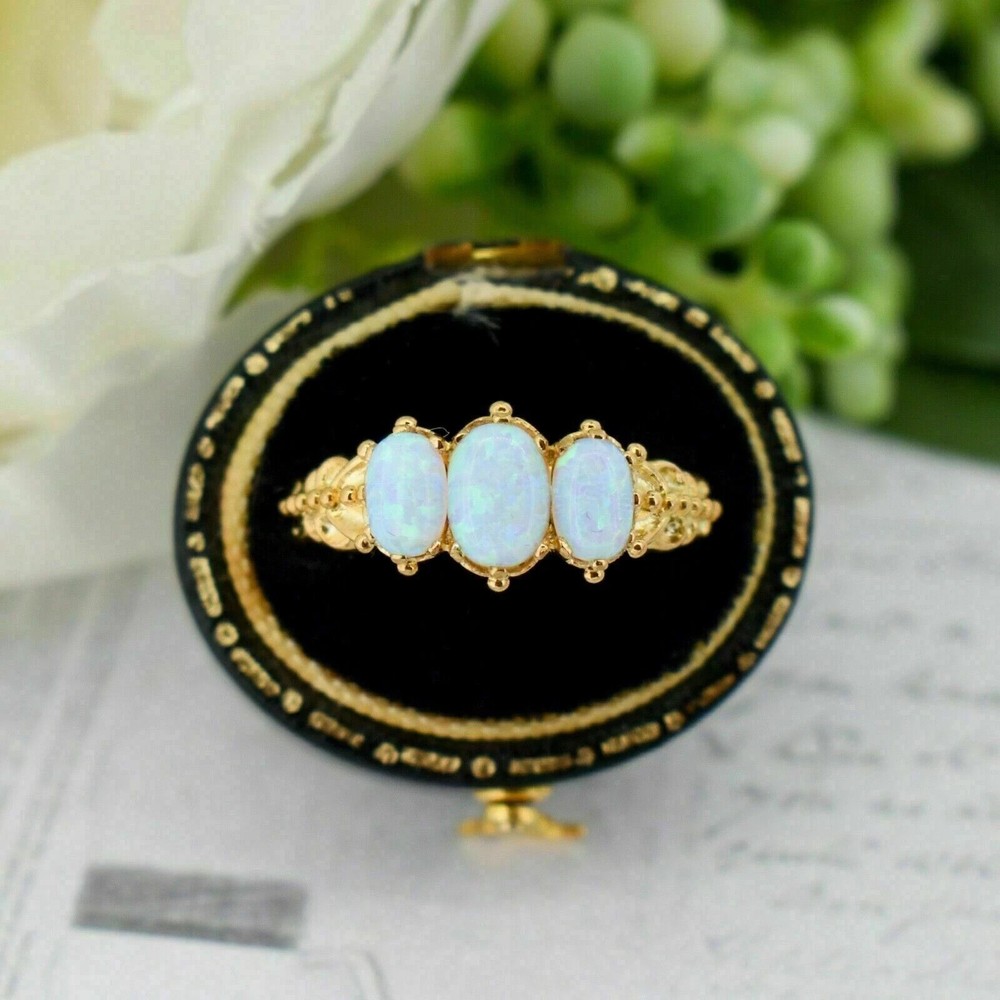 3Ct Oval Cut Fire Opal Three Stone 14k Yellow Gold Over Engagement Ring