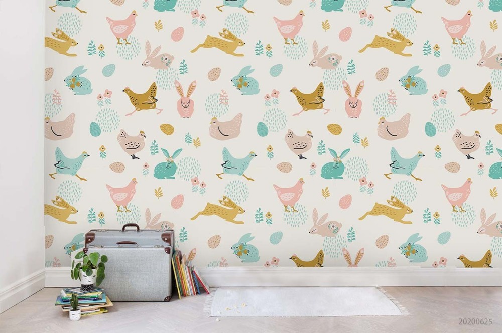 3D Rabbit Chicken Watercolor Pattern Wall Murals Wallpaper Murals Wall Sticker