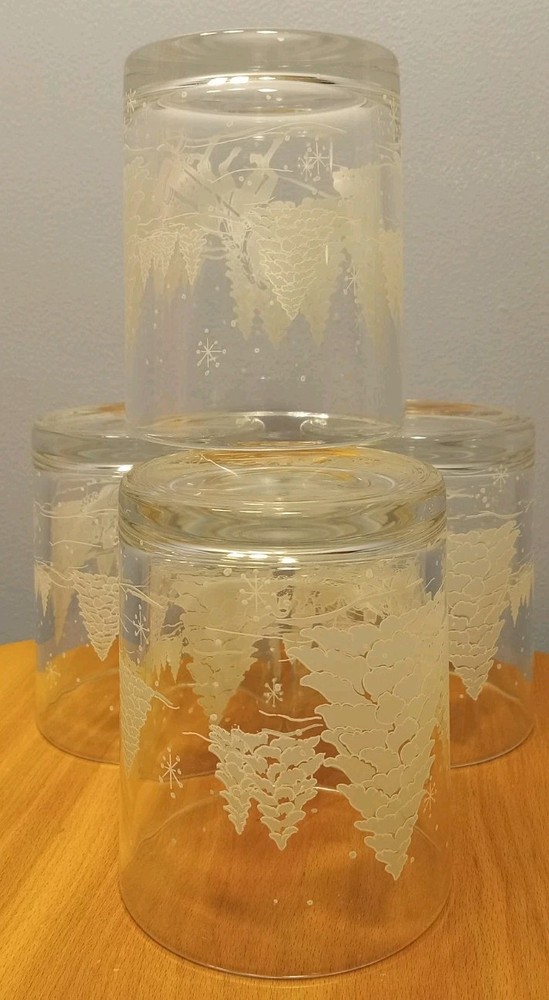 Four Vintage Juice Glasses Nature Design Etched Sleigh Ride Through The Woods