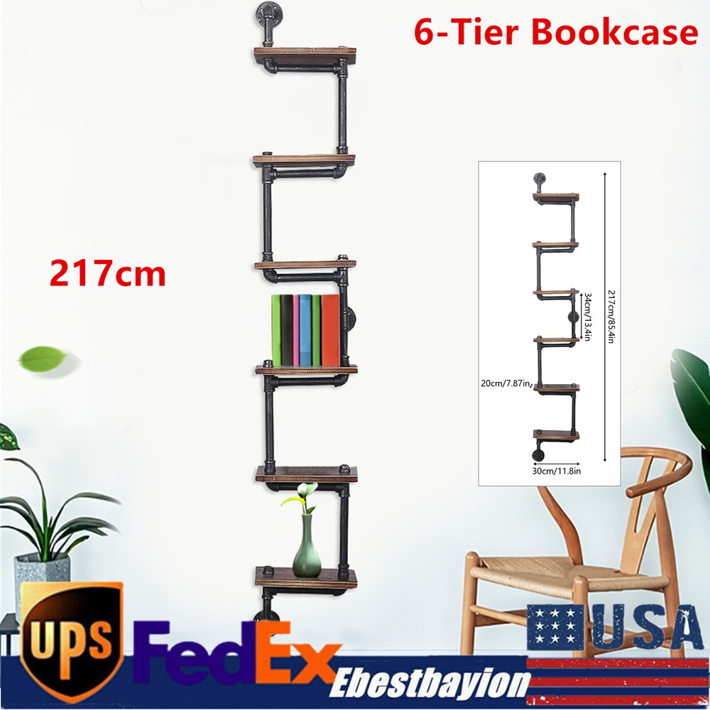 Industrial Floating Shelves Wall Mount Pipe Shelves Wood 6-Tier Ladder Bookshelf