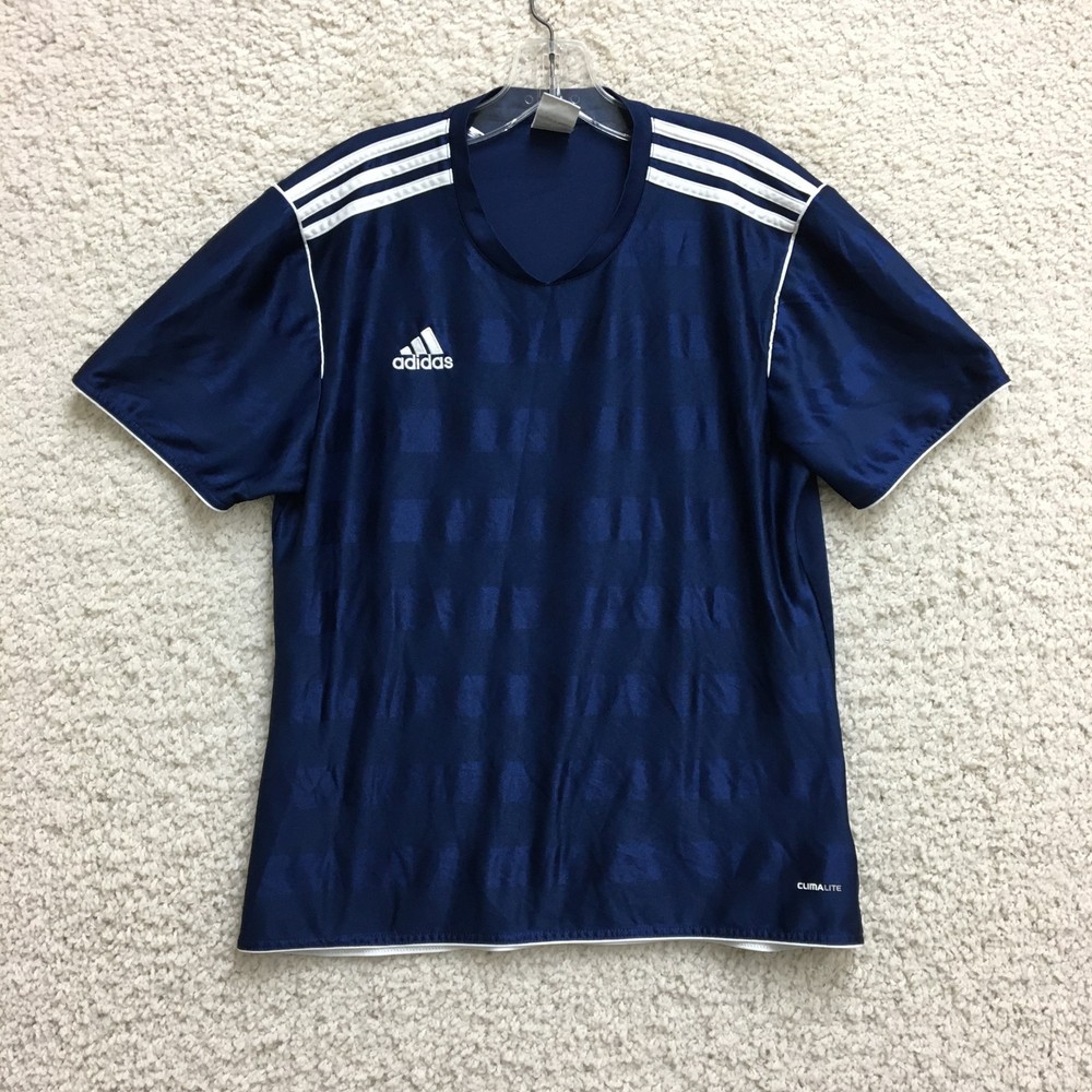 Adidas Shirt Large Adult Blue Climalite Striped Short Sleeve Athletic Mens L
