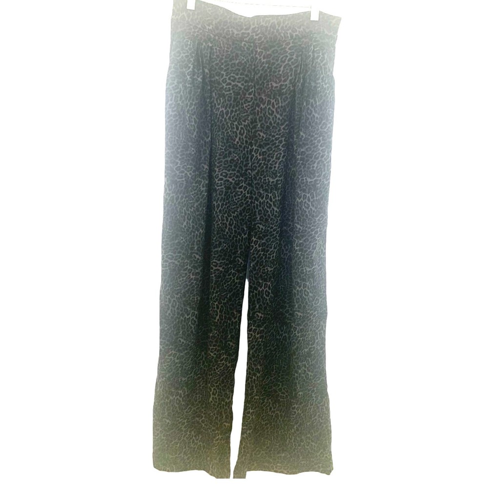 INC Wide Leg Pants 6 Black Leopard Womens High Rise Palazzo Linen Blend Pull On
