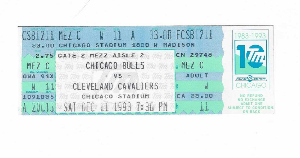 Chicago Bulls vs Cleveland Cavaliers Unused Basketball Ticket from 12/11/1993
