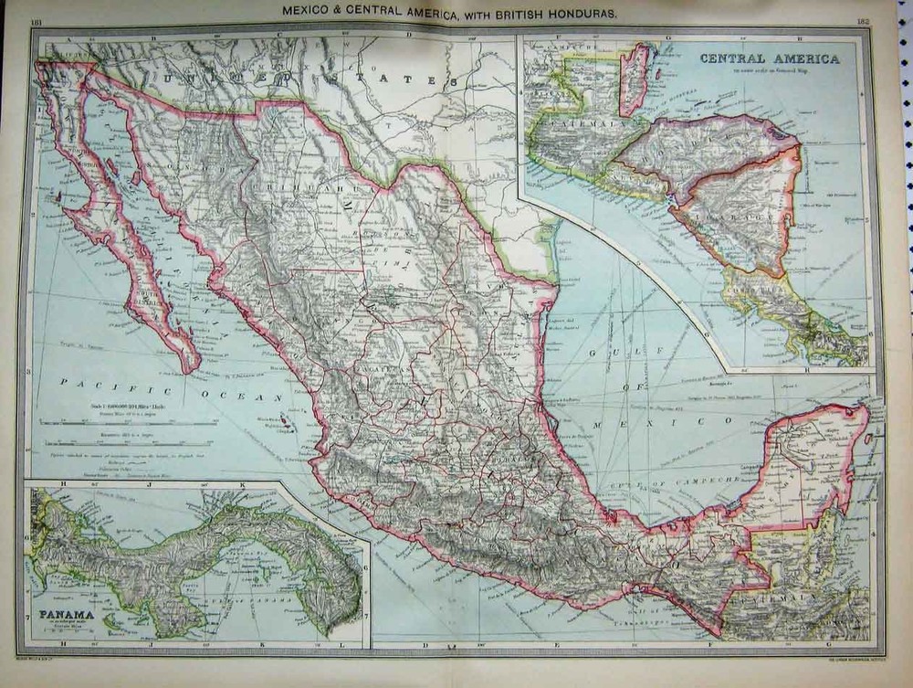 Antique Old Print Mapc1890 Mexico America West Indies Panama Jamaica Cuba 19th