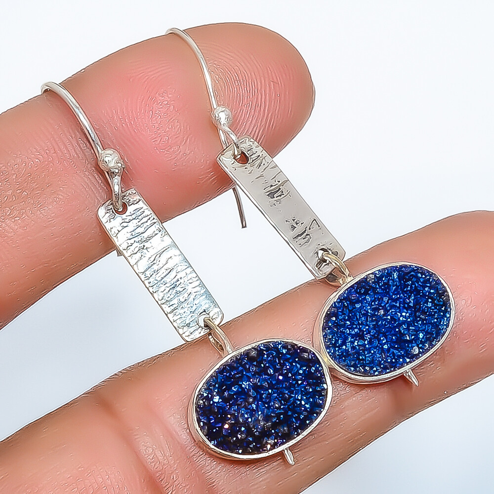Titanium Blue Agate Drusy 925 Sterling Silver Israeli Earring 1.95