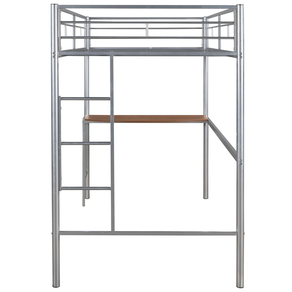 Twin Metal Loft Bed with Desk Ladder Silver Space Saving Furniture  