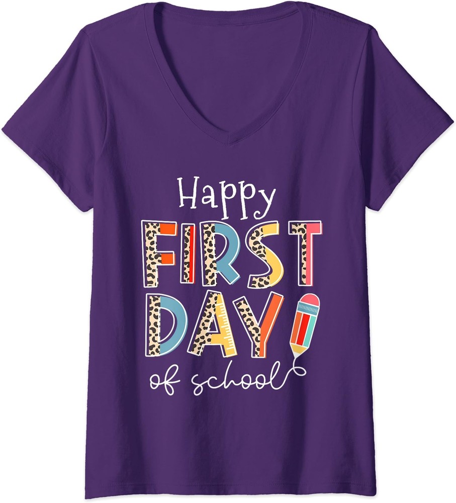 Happy First Day Of School Leopard Back To School Ladies' V-Neck Tshirt
