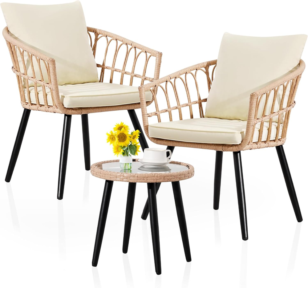 FHFO 3 Piece Outdoor Patio Bistro Set, Wicker Table and Chairs Set of 2, All-Wea