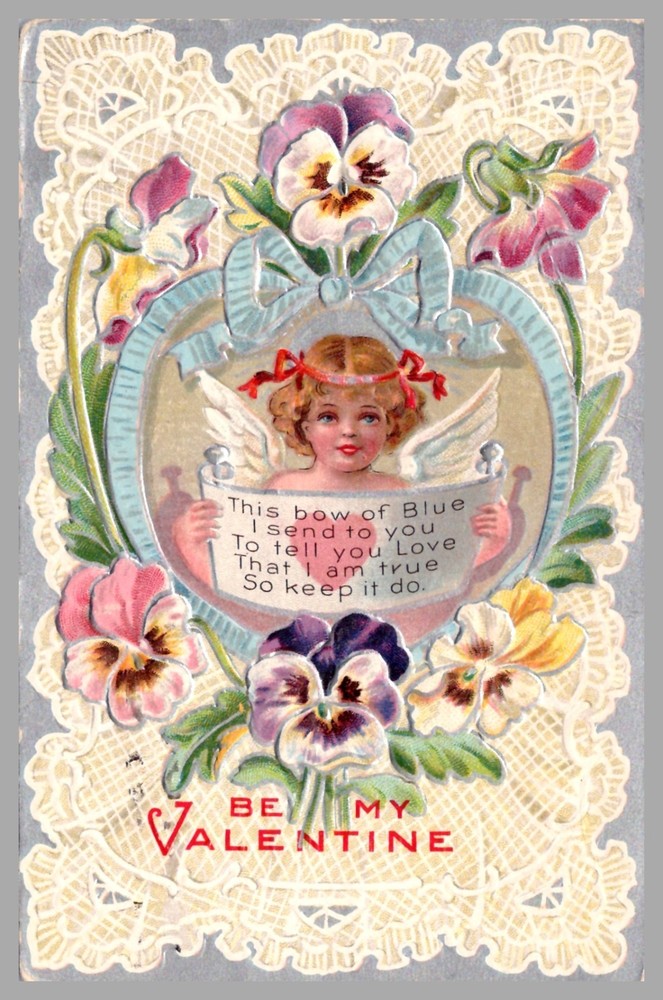 Be My Valentine Angel With Pansies Lace Heavily Embossed DB c1910 Postcard
