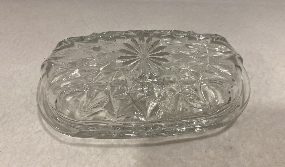 Vintage 1980s Hocking Crown Pointe Clear Glass Covered Butter Dish Excellent Condition