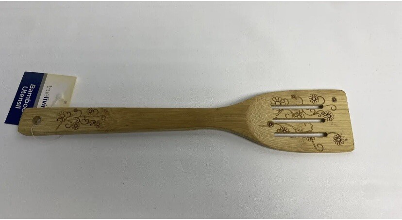 Wooden Spatula Bamboo Utensils with floral design.