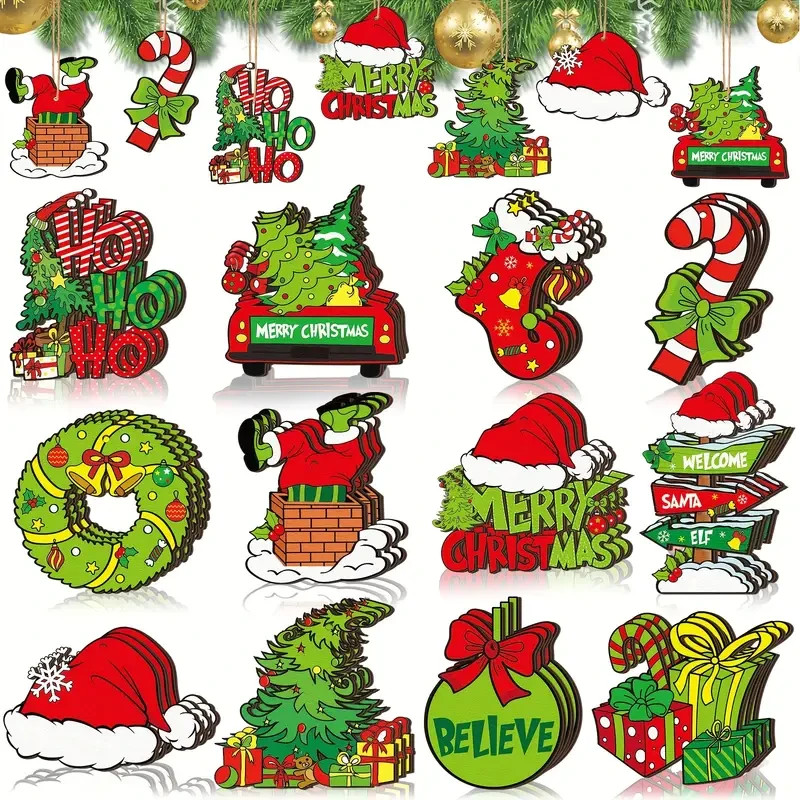 36 PCS Grinch Christmas Tree Ornaments, Hanging Xmas Grinch Wooden Decorations