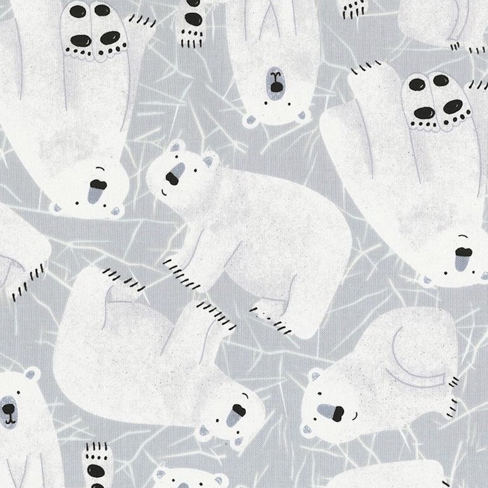 Arctic Polar Bear Poses Tossed Gray 100% Cotton Fabric by The Yard