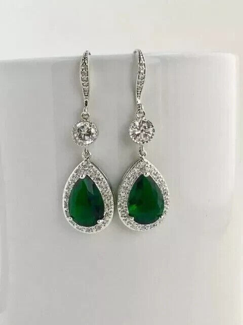 3Ct Pear Cut Emerald Simulated Drop Earrings 14K White Gold Plated Hook