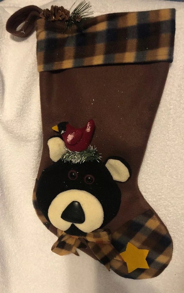 Brown Bear Cardinal Plaid 3D Christmas  Stocking Plush Lodge Decor Pine Cone
