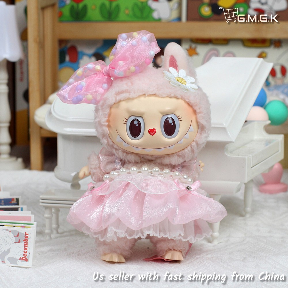 17cm Pink Pearl Dress Monster Plush Doll with Handmade Clothes