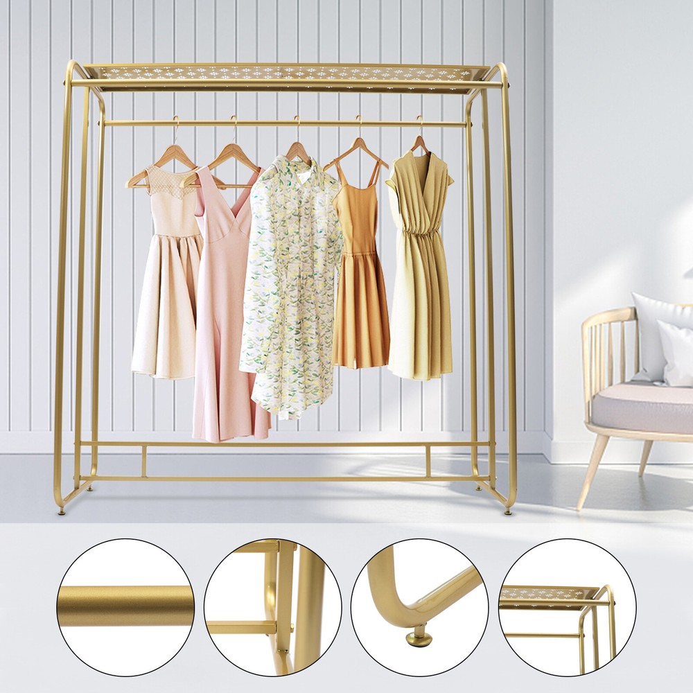 Golden Metal Garment Rack Double Rod Hanging Organizer for Clothes Retail