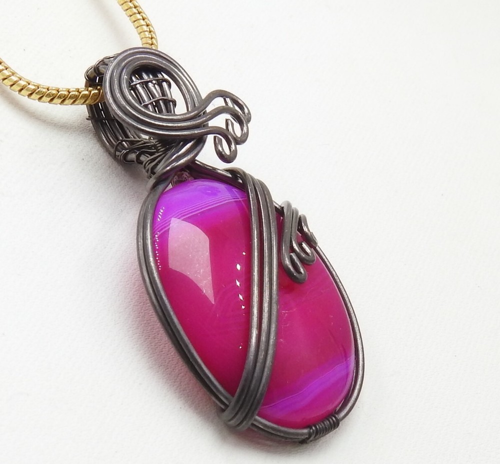 Pink Strip Agate Brass Pendant Silver Oxidised Polished Wire Wrapped Jewelry
