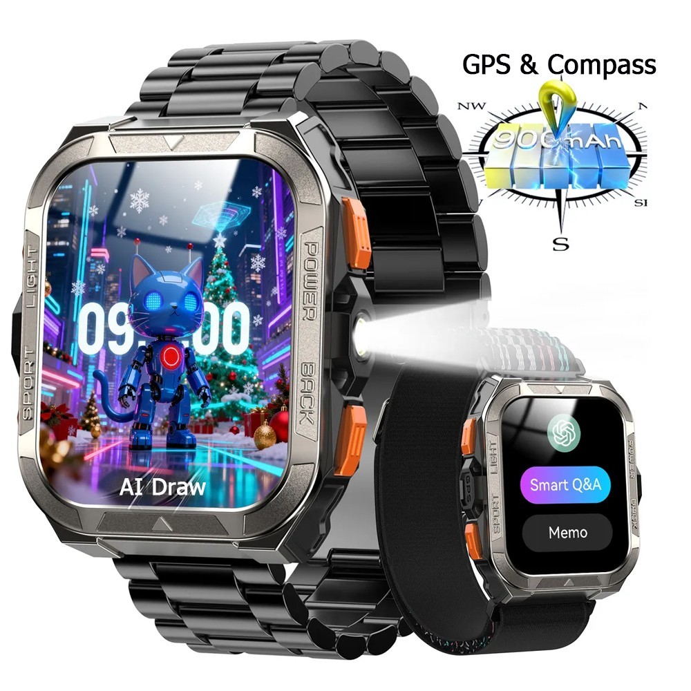 Military Grade Smart Watch Men GPS Tactical LED Flashlight Stainless Steel Band*