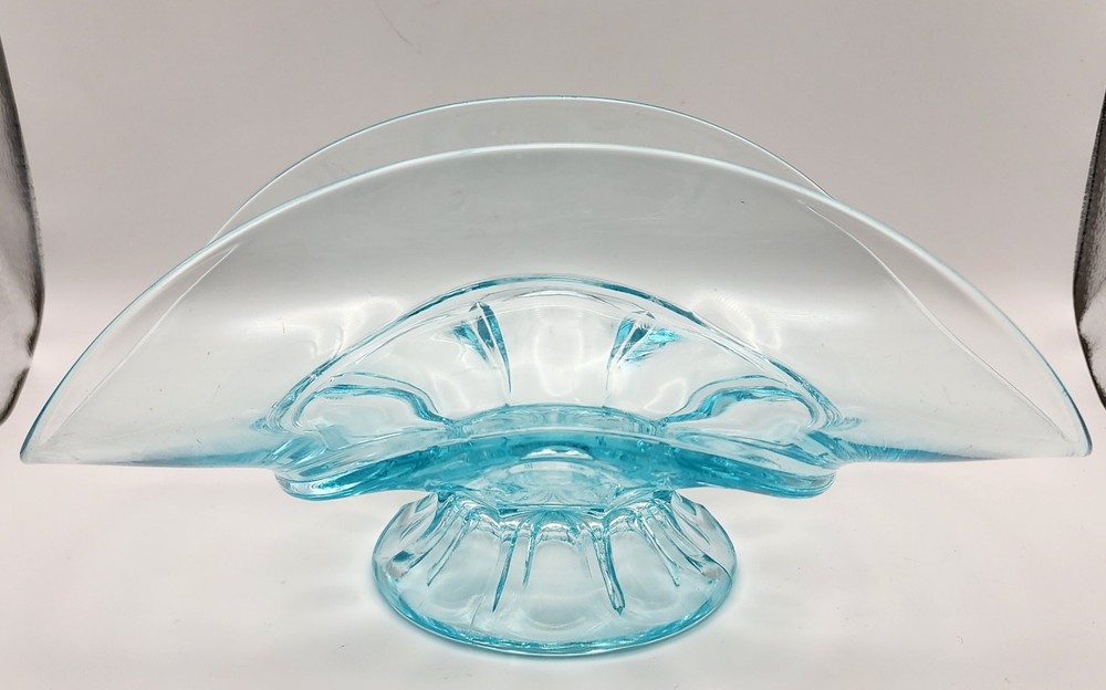 Vintage Ice Blue Glass Banana Stand Pedestal Fruit Display Rare Collectible