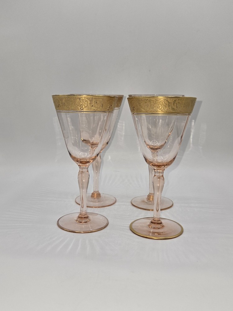 Vintage Italian Pink Wine Glasses Gold Gilt Rim Set of 4 Mid Century 5.75”