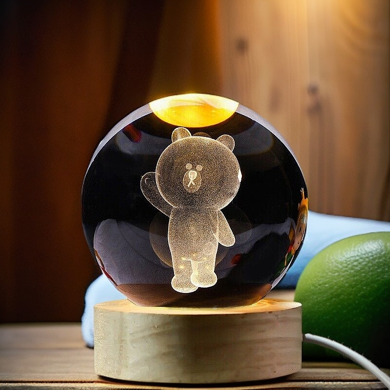 3D Carved Bear Crystal Ball Night Light with Wooden Base - Kids Gift Healing Decor