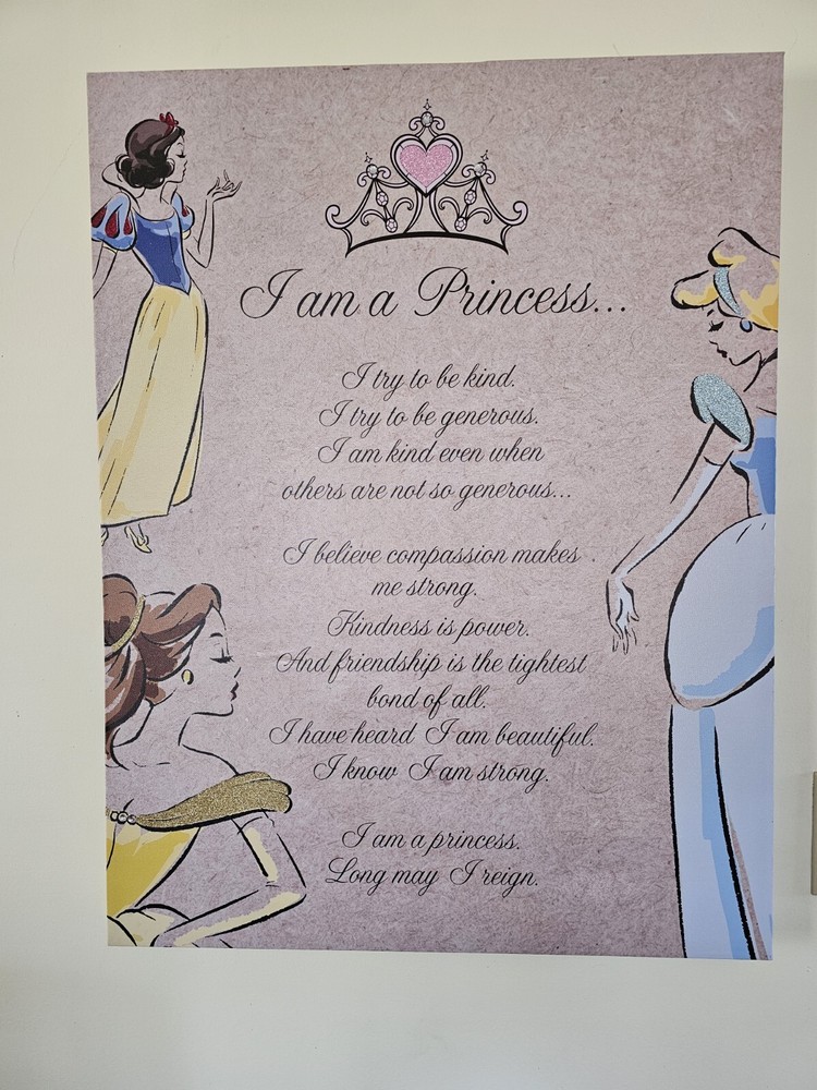 Disney Princess Canvas Wall Art with Glitter I AM A PRINCESS Poem 30x23 Inches