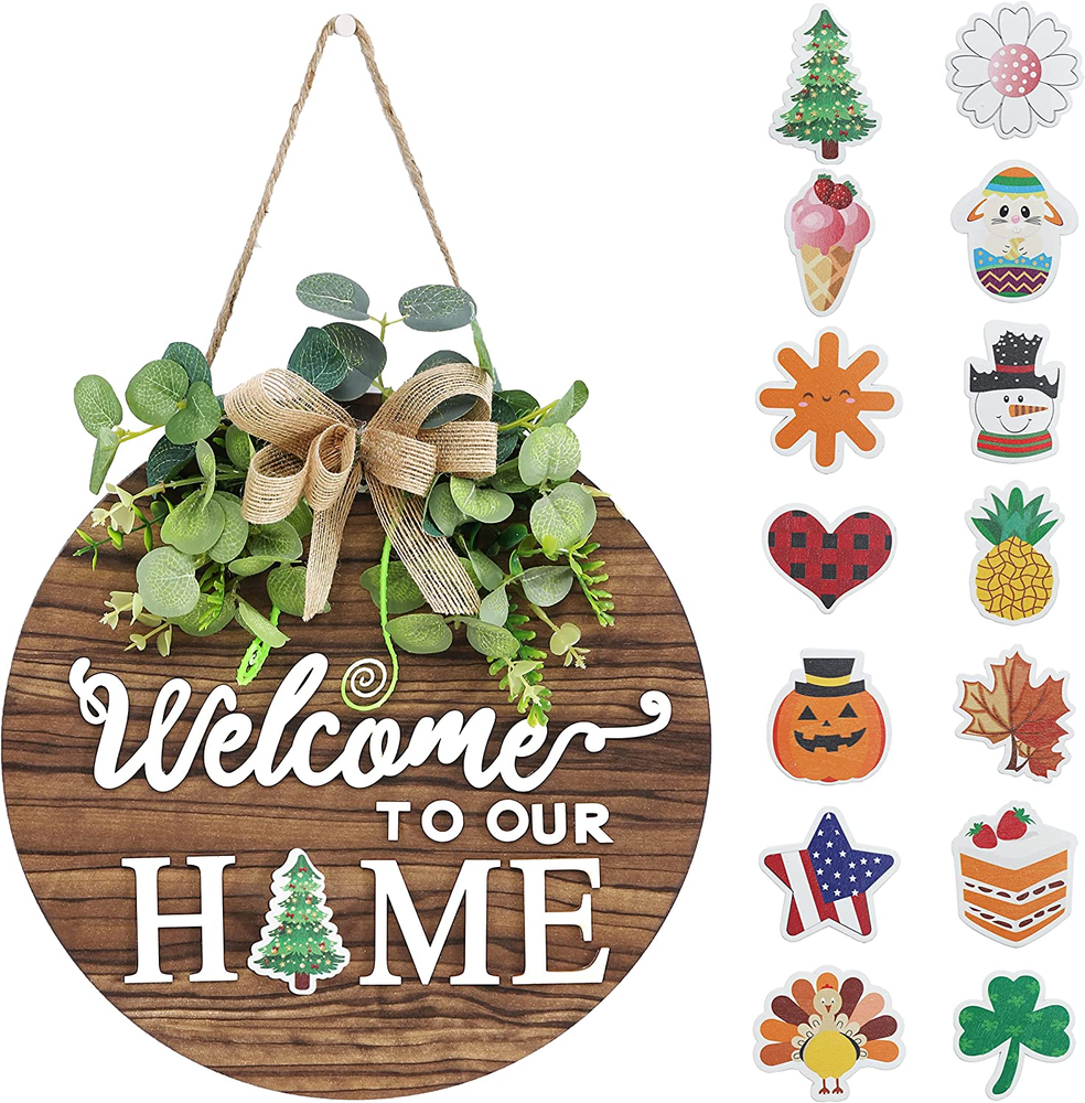 Interchangeable Seasonal Welcome Sign Front Door Decoration Rustic round Wood-image