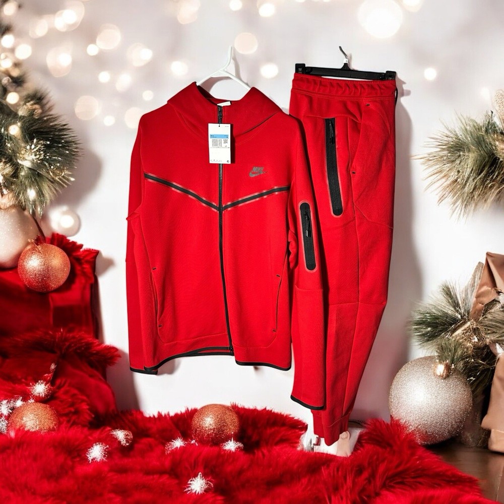 Men’s Nike Sportswear Tech Fleece Red Hoodie Size L & Joggers Size M CU4489-657