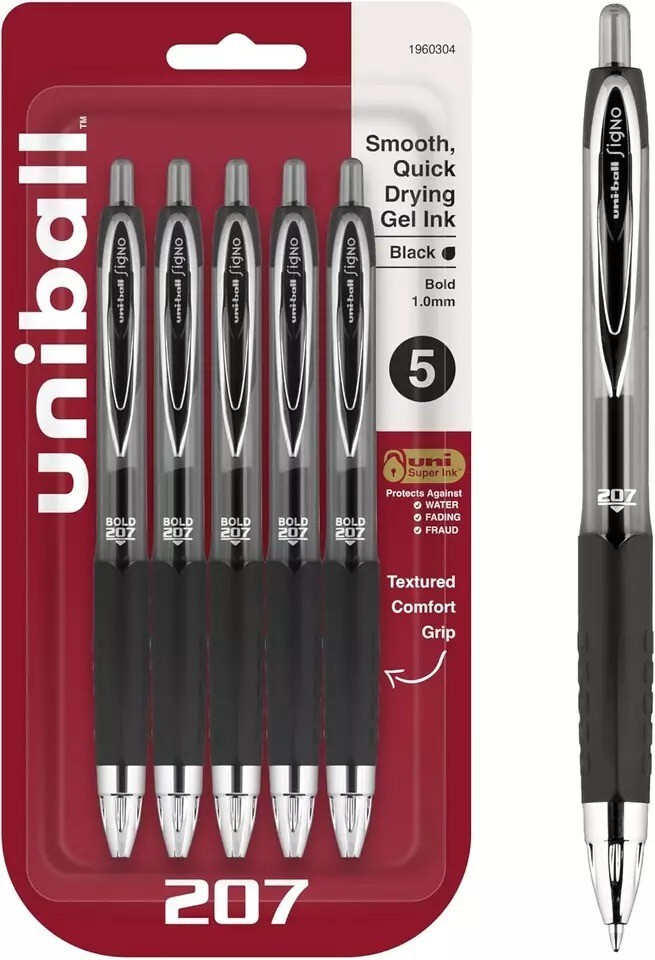 Uniball 207 Retractable Gel Pens, Bold Point (1.0Mm), Black, 5 Pack