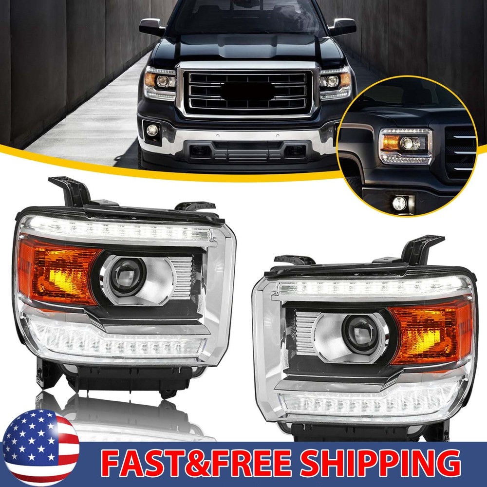 Fits 2014-2018 GMC Sierra 1500 2500HD 3500HD Projector Headlights w/ LED Strip