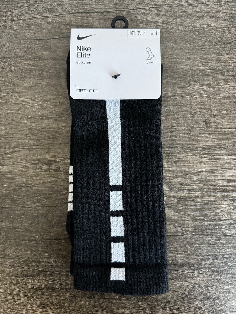 NIKE Elite Basketball Dri-FIT Crew Socks (Black/White) LARGE Mens 8-12 W's 10-13